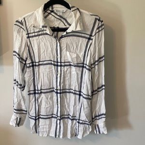 White and navy button up shirt